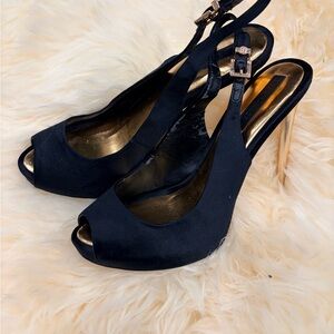 BCBGMaxAzria Black and Gold Peep-Toe Heels